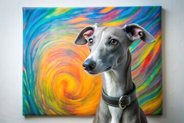 Gentle gray whippet dog with a sleek coat and black collar leaning against a wall adorned with a colorful poster on a light background.