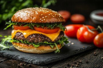 This mouthwatering beef burger features melted cheese, crisp lettuce, and juicy tomatoes, presented on a rustic wooden tabletop with vibrant tomatoes in the background