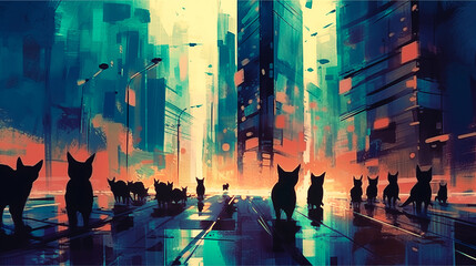 Art bstract black cats standing in the city space painting style, Ai generate