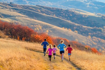 Family jogging in a vibrant autumn countryside