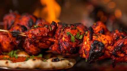 Craft a visually stunning image of an Indian tandoori feast. Include dishes like tandoori chicken, naan, seekh kebabs, and paneer tikka, all cooked in a traditional tandoor oven. 
