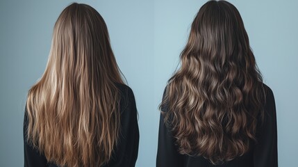 Fototapeta premium Side-by-side comparison of a dramatic hair transformation, showcasing the change from frizzy, damaged hair to smooth, silky, and healthy locks.