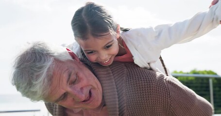 Grandparents, airplane and kid holding hands outdoor, bonding and freedom together. Senior woman, man piggyback child and happy girl play flying game with grandmother, grandfather or portrait of love - Powered by Adobe