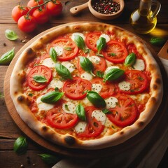 A pizza with tomatoes and basil on it sits on a table.