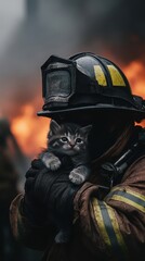 Fototapeta premium Brave firefighter saves a kitten from flames, showcasing heroism and compassion in a dramatic rescue scene.