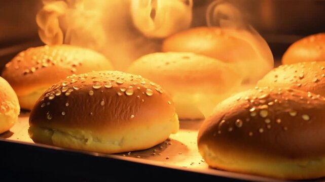 The Soft bread rolls sprinkled with seeds cooling in a warm kitchen.