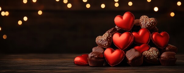 Obraz premium Delicious assorted chocolates and red hearts on a wooden table, perfect for romantic occasions and celebrations.