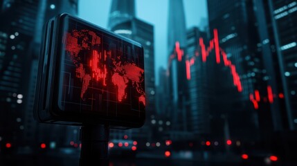 Futuristic cityscape with financial display, showcasing red graphs and global data, symbolizing economic trends and market shifts.