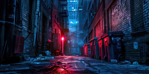 A dimly lit alleyway, lined with dumpsters, emitting an ominous glow from a single red light
