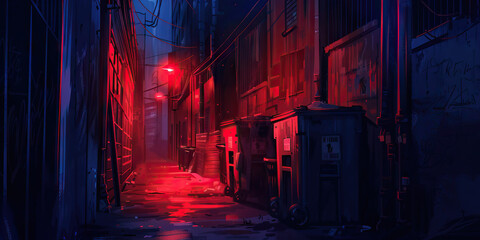 A dimly lit alleyway, lined with dumpsters, emitting an ominous glow from a single red light