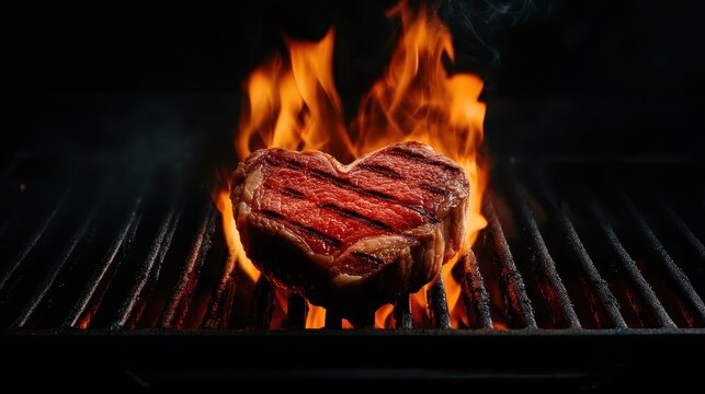 Grilled heart-shaped steak glowing with flames, symbolizing love and passion for BBQ. Perfect for food and romance themes.