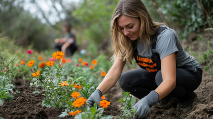 Volunteers planting flower beds in a public park, adding beauty and attracting pollinators to the area