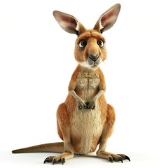Fototapeta premium Curious Cartoon Kangaroo Sitting on White Background.