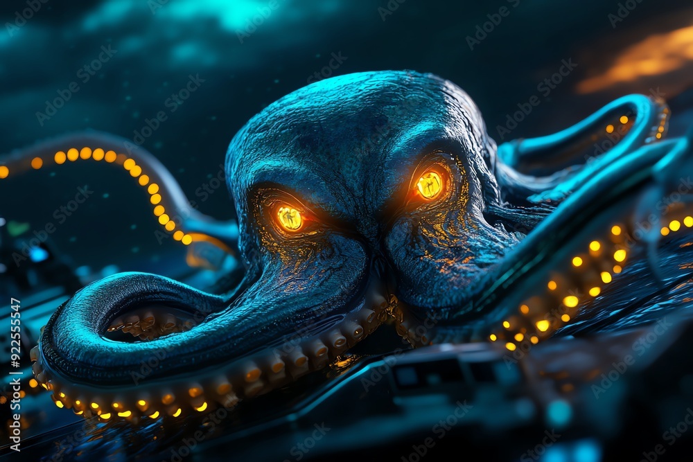 Poster futuristic illuminated octopus with glowing eyes and tentacles in a sci-fi setting at night, featuri