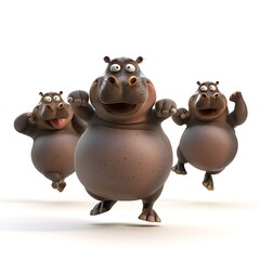 Naklejka premium Three Playful Cartoon Hippos Jumping in the Air.