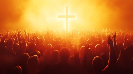 A crowd of people worshipping with hands raised toward a glowing cross in the sky
Concept: faith, worship, crowd, spirituality, religion, unity, devotion, hope, light, praise