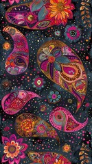 Fototapeta premium Intricate paisley shapes and flowers are beautifully arranged against a dark backdrop, showcasing bright colors and detailed patterns