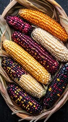 Vibrant collection of colorful corn ears arranged beautifully in a rustic basket, showcasing nature's diversity and beauty.