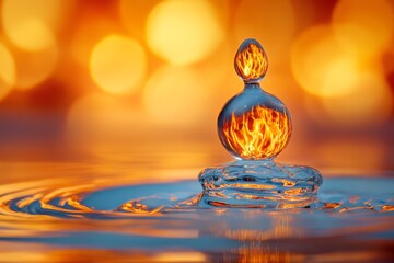 A water drop hovers suspended in midair, showcasing vibrant fiery reflections, with rippled water beneath catching the warm sunset light