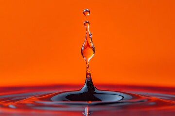A suspended droplet of water showcases bright fiery reflections against an orange backdrop, capturing the beauty of nature's intricate details