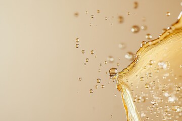 Golden droplets of water float gracefully in the air, reflecting light and creating a mesmerizing effect against a smooth beige backdrop