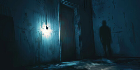 A shadowy figure lurking in the corner of an empty room, illuminated only by a flickering light bulb