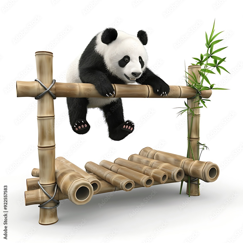 Poster Playful Panda Hanging from Bamboo Frame.