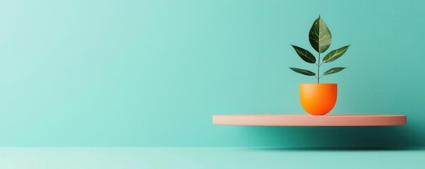 Vibrant plant in an orange pot on a floating shelf against a teal background, adding a fresh touch to indoor decor.
