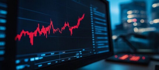 A close-up view of a stock market chart showing a red graph with fluctuating values, displayed on a computer screen. The image captures the volatility and dynamic nature of financial markets, with a b