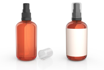 Amber spray bottle mockup. 3d illustration set on white background