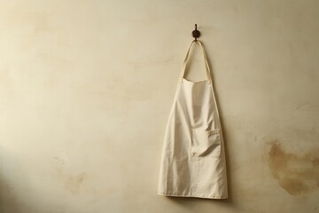 A light-colored chef's apron is displayed hanging from a hook, offering a minimalist touch to the warm and inviting kitchen decor - Powered by Adobe