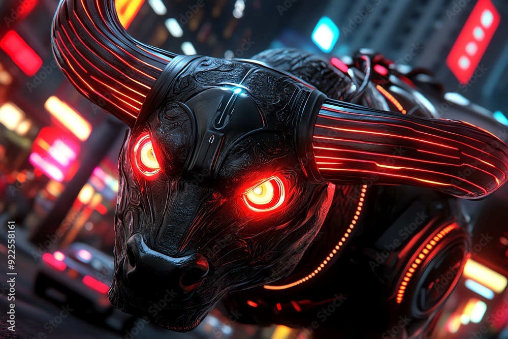 Poster futuristic robotic bull with glowing red eyes in a neon-lit urban setting, blending technology and t