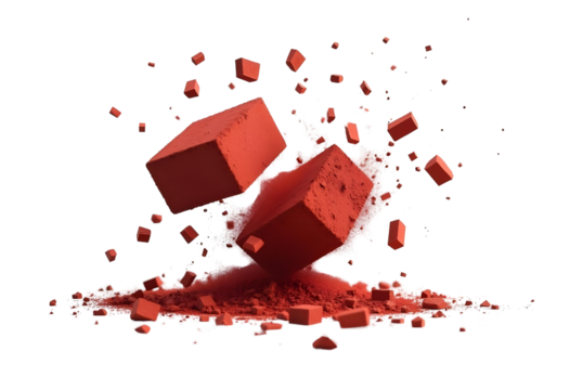 Flying pieces and powder of broken red brick