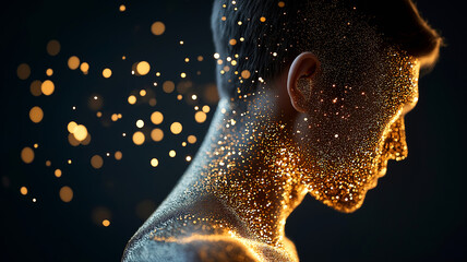 A human silhouette filled with glittering gold particles, symbolizing the wealth and security derived from investing in gold.