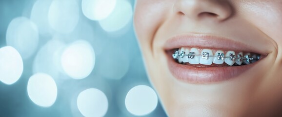 Fototapeta premium Close-up of a woman smiling teeth with dental braces. Wallpaper for dental orthodontics clinics. Panoramic banner background with copyspace