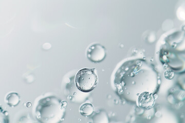 Gros plan microscopique sur des bulles d'eau transparentes, macro sur des molécules H2O, fond gris clair lumineux