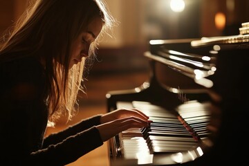 The young woman plays the grand piano with intense focus, her fingers moving gracefully across the...