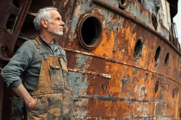 An elderly man in worn work overalls gazes at an old ship hull, surrounded by rust and history, reflecting on his life experiences by the water