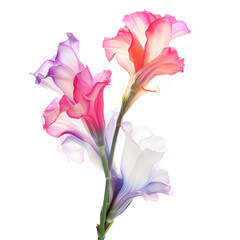 Beautiful pastel-colored gladiolus flowers with soft pink, purple, and white petals on a white background.