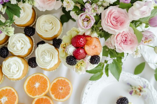 A beautifully arranged dessert table showcases an array of vibrant cupcakes topped with fresh fruit and delicate flowers, perfect for a festive gathering