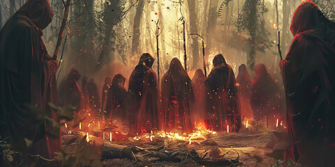 A group of hooded figures gathered around an ominous ritual site, adorned with twigs and candles.