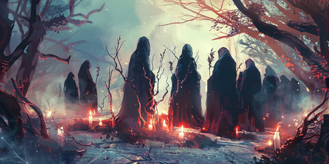 A group of hooded figures gathered around an ominous ritual site, adorned with twigs and candles.