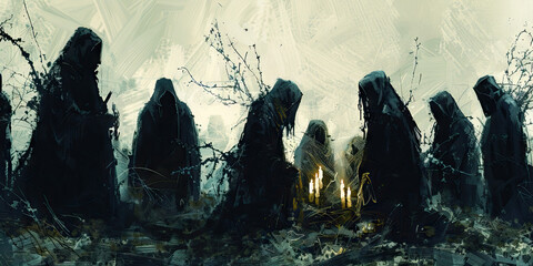 A group of hooded figures gathered around an ominous ritual site, adorned with twigs and candles.