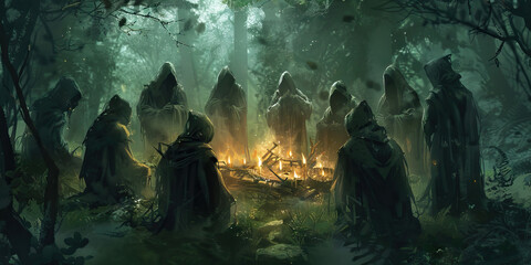 A group of hooded figures gathered around an ominous ritual site, adorned with twigs and candles.