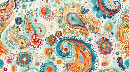Fototapeta premium A vibrant fabric showcases intricate paisley and floral patterns in lively colors, creating an eye-catching design