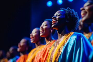 Fototapeta premium A gospel choir in vibrant robes sings with enthusiasm, filling the space with joy and energy as they perform on stage under bright lights