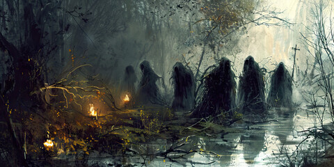 A group of hooded figures gathered around an ominous ritual site, adorned with twigs and candles.
