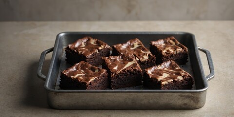 Freshly baked marbled brownie in a metal tray.