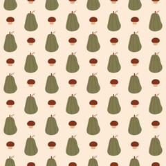 Retro Seamless Pattern with Green Pumpkin and Mushroom Icons in a Vintage Style.