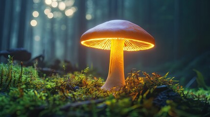 Fototapeta premium A glowing mushroom is the focal point of the image, bathing the scene in a soft, surreal light.